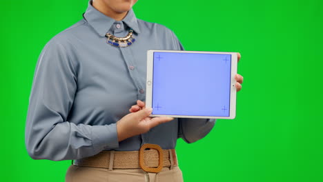 green screen, tablet and woman hands with mockup