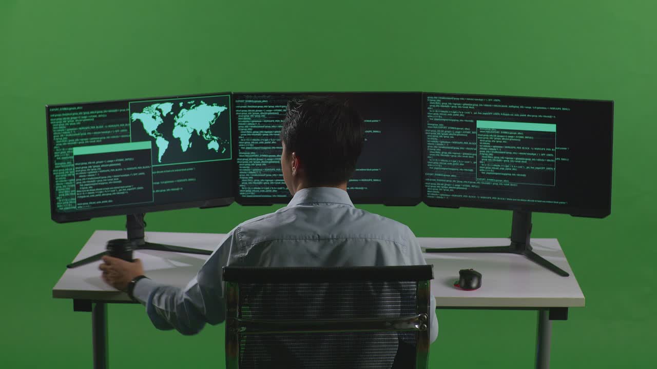 Vista posteriore di uno sviluppatore asiatico che beve caffè e usa il computer per scrivere codice con più schermi in uno studio con schermo verde.