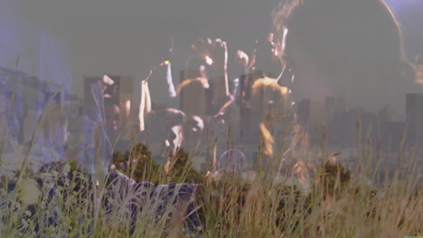 singer and bandmates performing music in field, featuring mic and grasses overlaid on city skyline