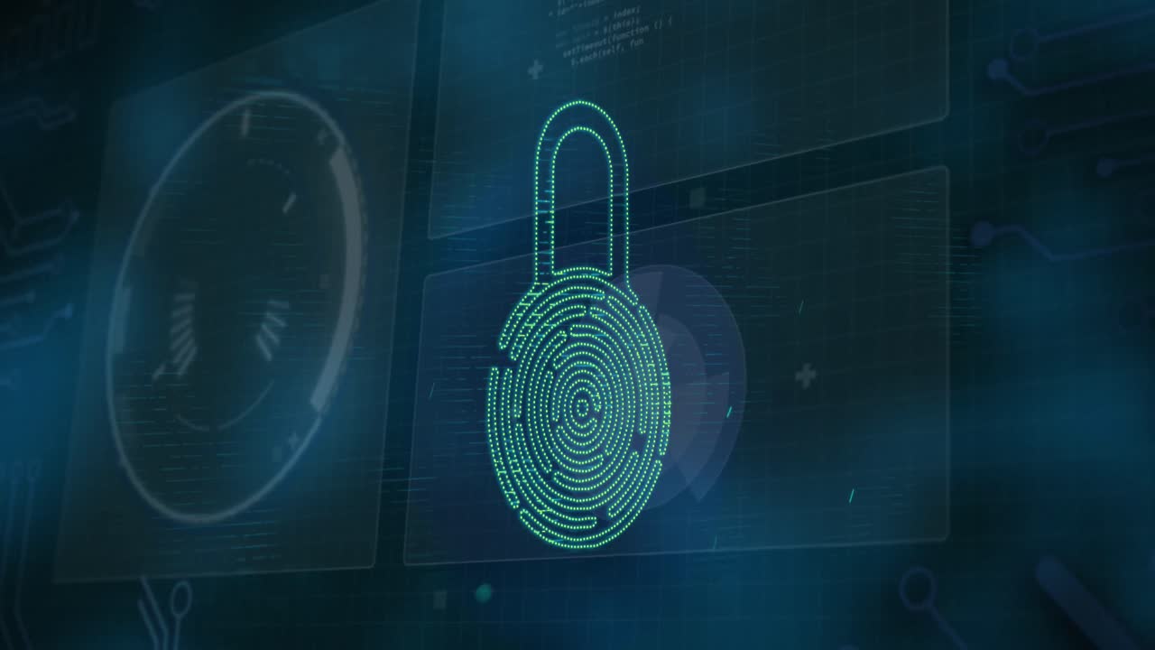 animación del icono del candado de seguridad sobre la interfaz con procesamiento de datos contra fondo azul