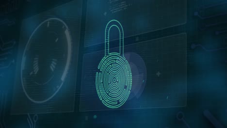 animation of security padlock icon over interface with data processing against blue background
