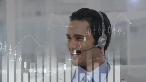 Animation-Der-Finanz--Und-Statistikdatenverarbeitung-über-Einem-Geschäftsmann-Mit-Telefon-Headset