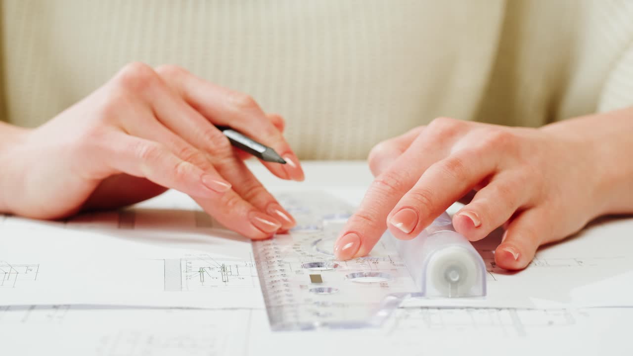 Close-up of hands drawing architectural plans with a pencil and ruler