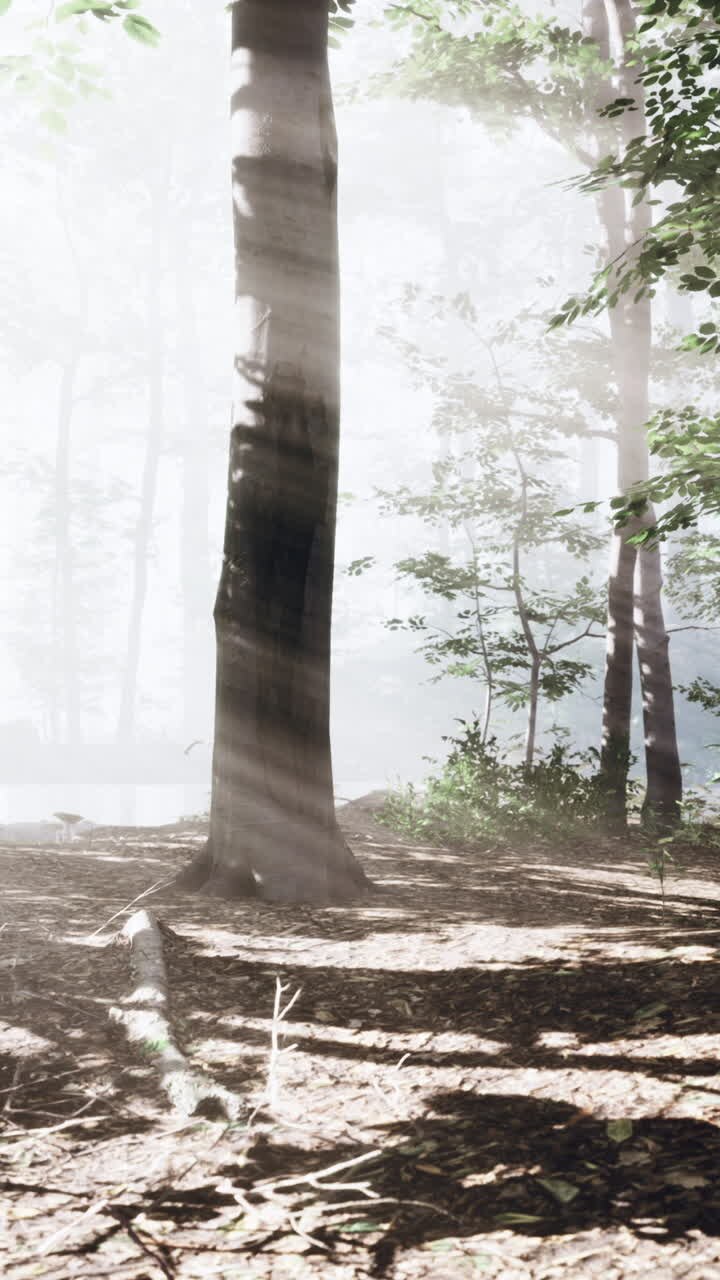 Enchanted Forest with Sunlight Streaming Through the Trees