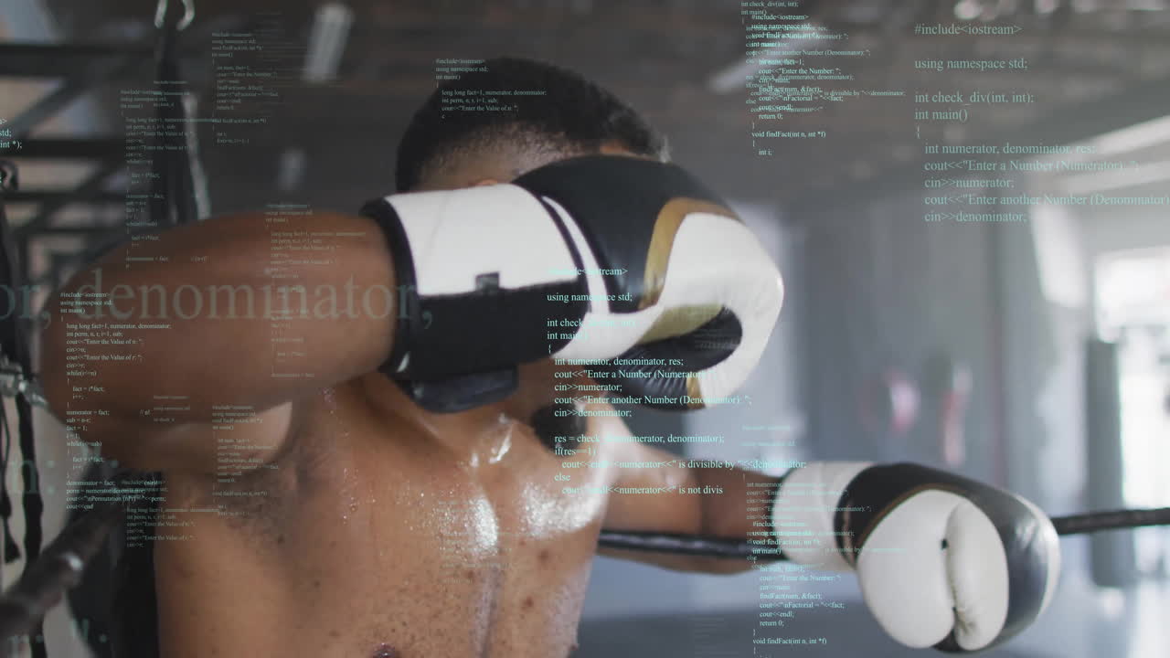 Training in boxing gym, animation of code snippets overlaying for strategy