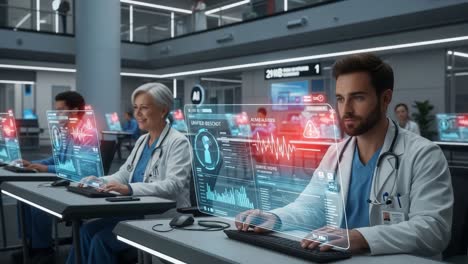 a modern healthcare team collaborating with advanced technology in a high-tech medical facility, analyzing patient data and monitoring vital signs virtually
