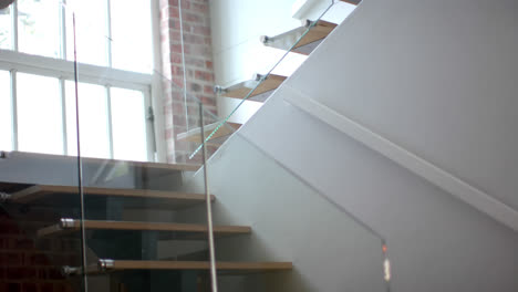 close up of sunny staircase at home, slow motion