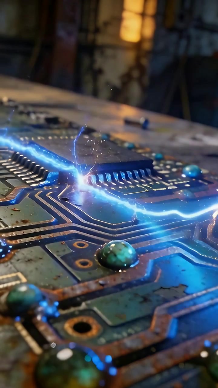 Vertikální video: Objevující se modré vlákno tvořící elektrický oblouk na desce plošných spojů u pracovního stolu, jiskření nad integrovaným obvodem