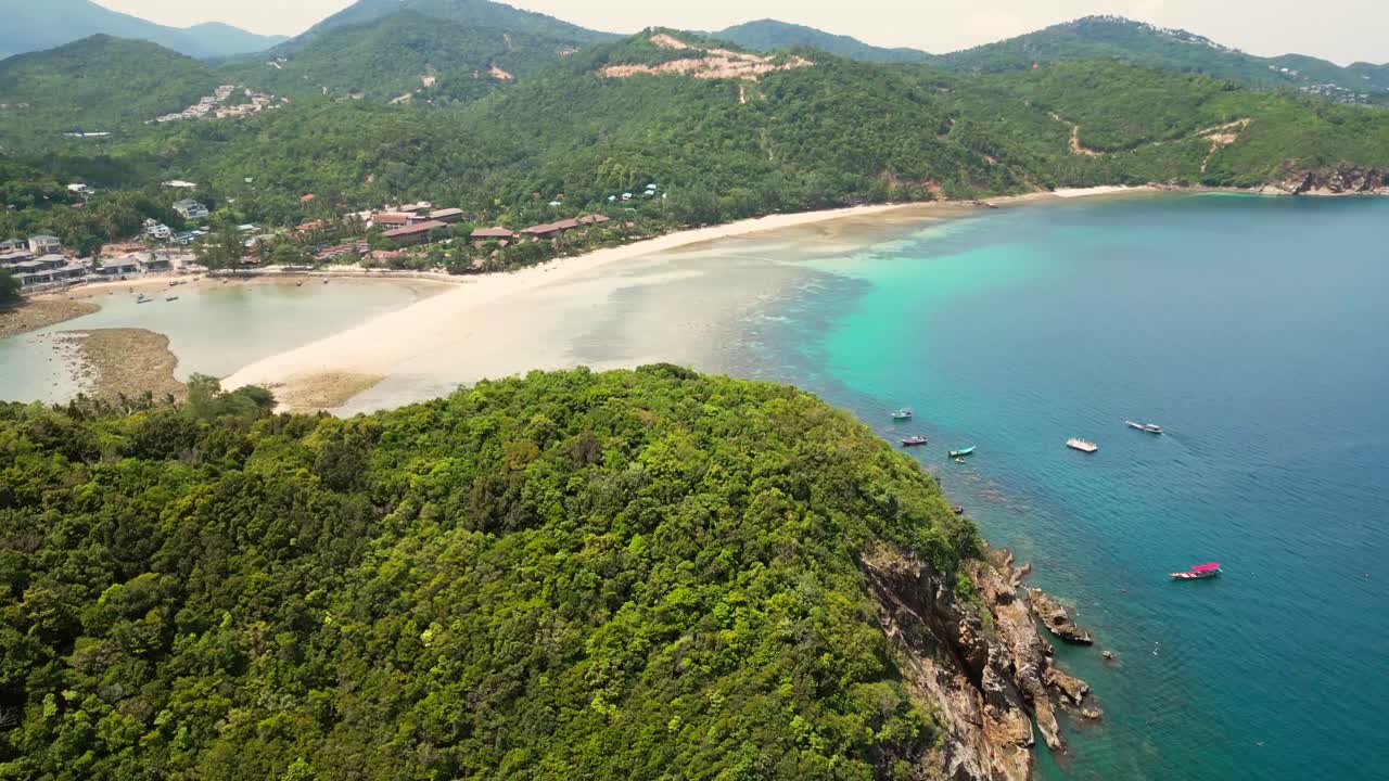 Drone reveal Ko Pha Ngan or Koh Phangan Island in Gulf of Thailand , Koh Nang Yuan Island white sand beach