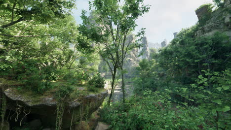 lush forest landscape with tall rocks and green trees