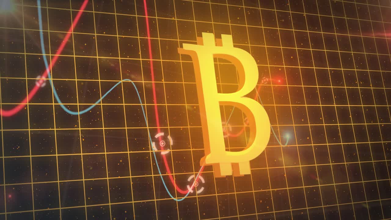 animación del procesamiento de datos financieros con un símbolo de bitcoin brillante en la cuadrícula