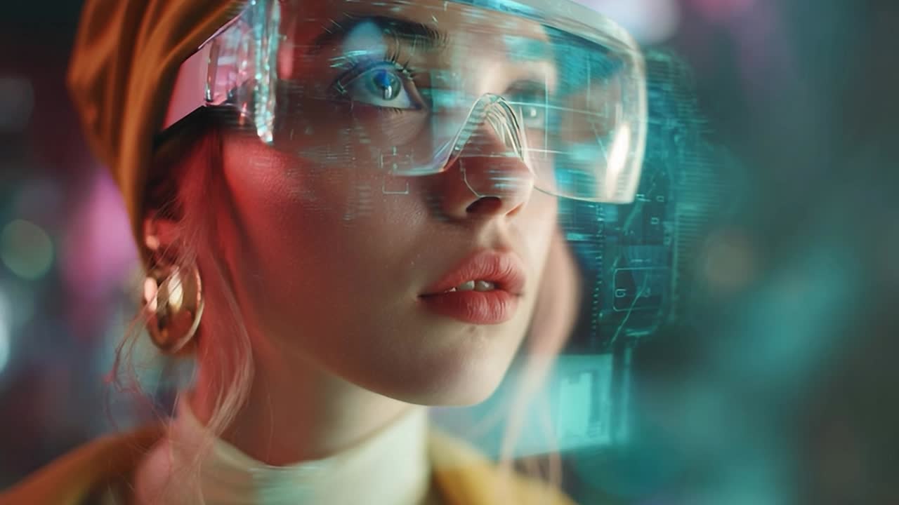 Giovane donna che esplora la tecnologia in un ambiente futuristico con occhiali VR