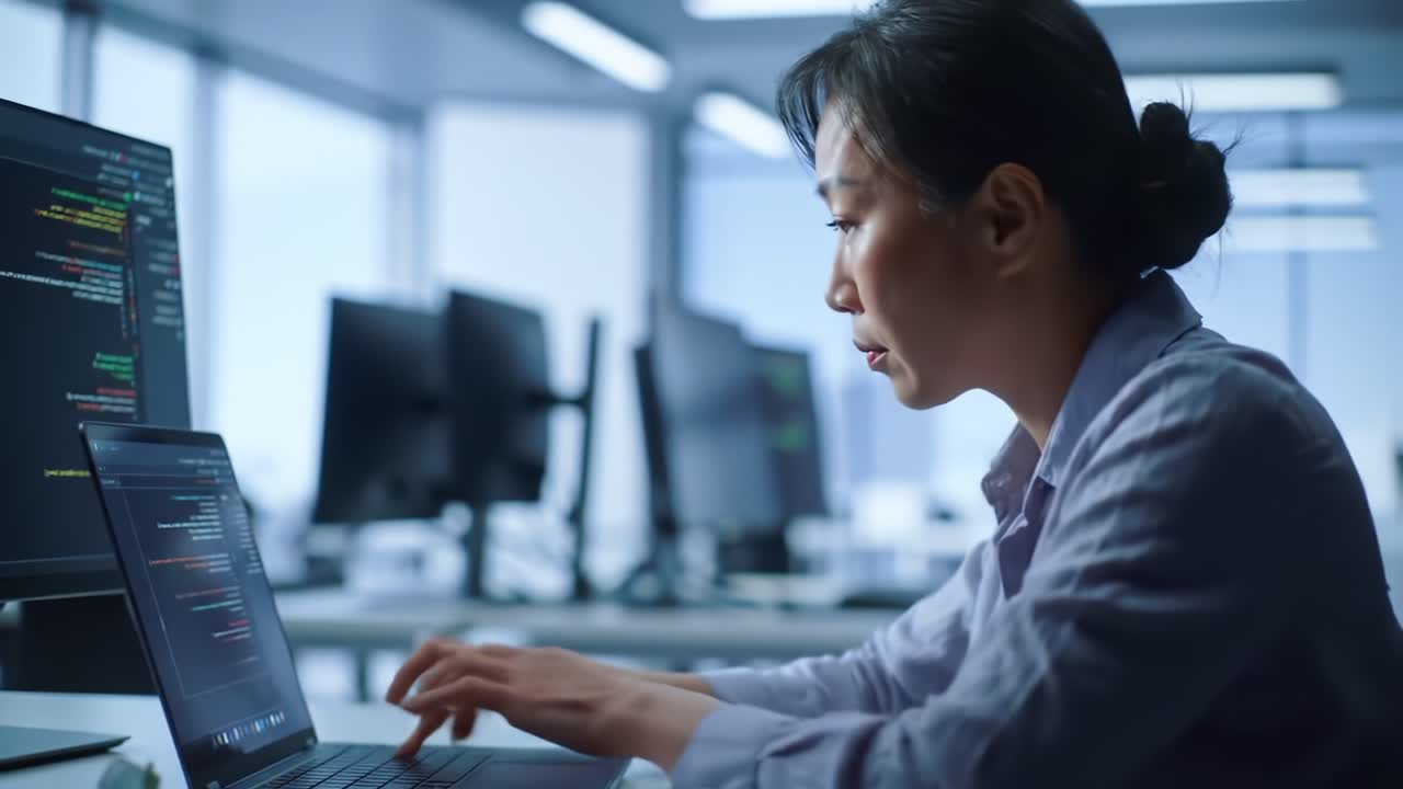 A Focused Programmer Engaging in Coding at Her Laptop in a Modern Office Environment, Surrounded by Multiple Monitors Displaying Lines of Code and Debugging Tools
