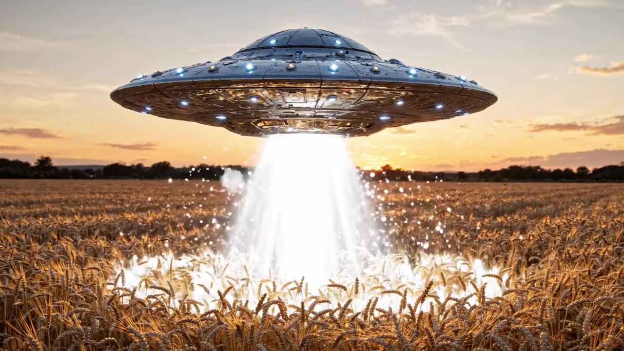 A Mysterious UFO Hovers Over a Golden Wheat Field During Sunset, Emitting Bright Light, Capturing the Essence of an Extraterrestrial Encounter in Rural Landscape.