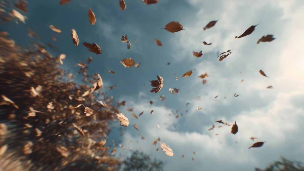 A breathtaking visual of autumn leaves swirling in the air against a backdrop of a dramatic sky, capturing the essence of nature's vibrant transition and the beauty of the season