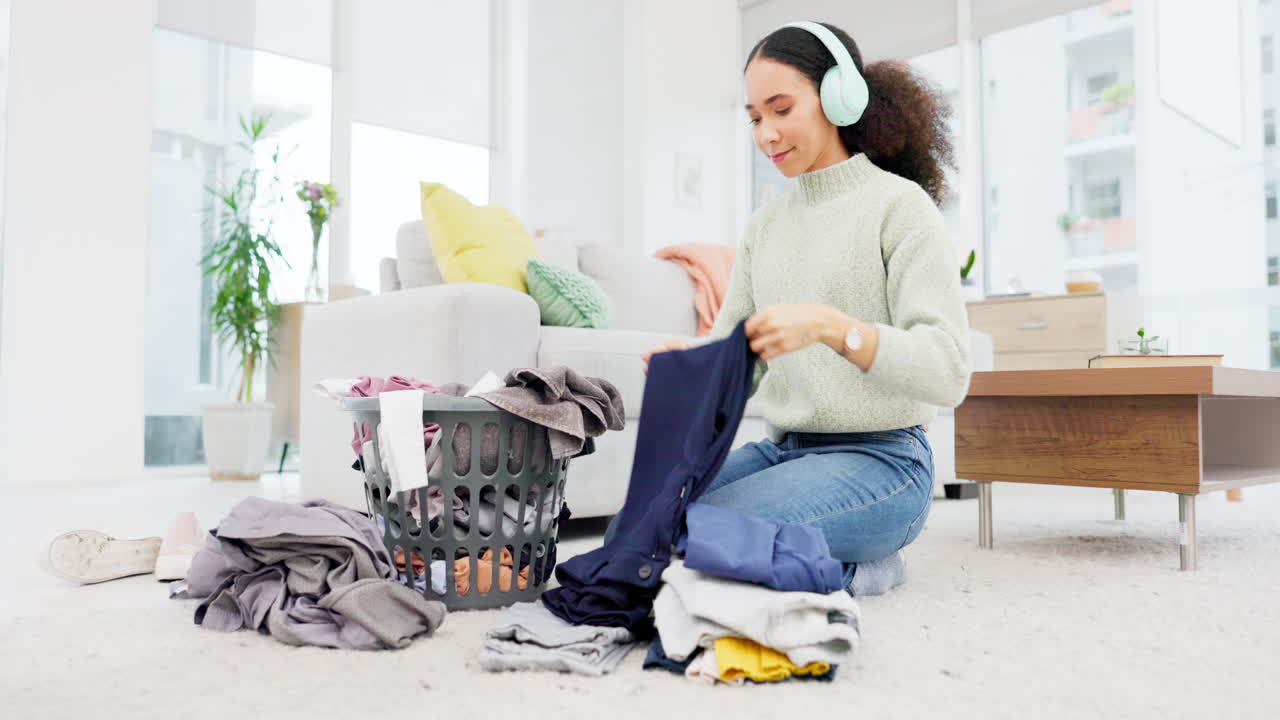 Clean, house and woman folding laundry on living