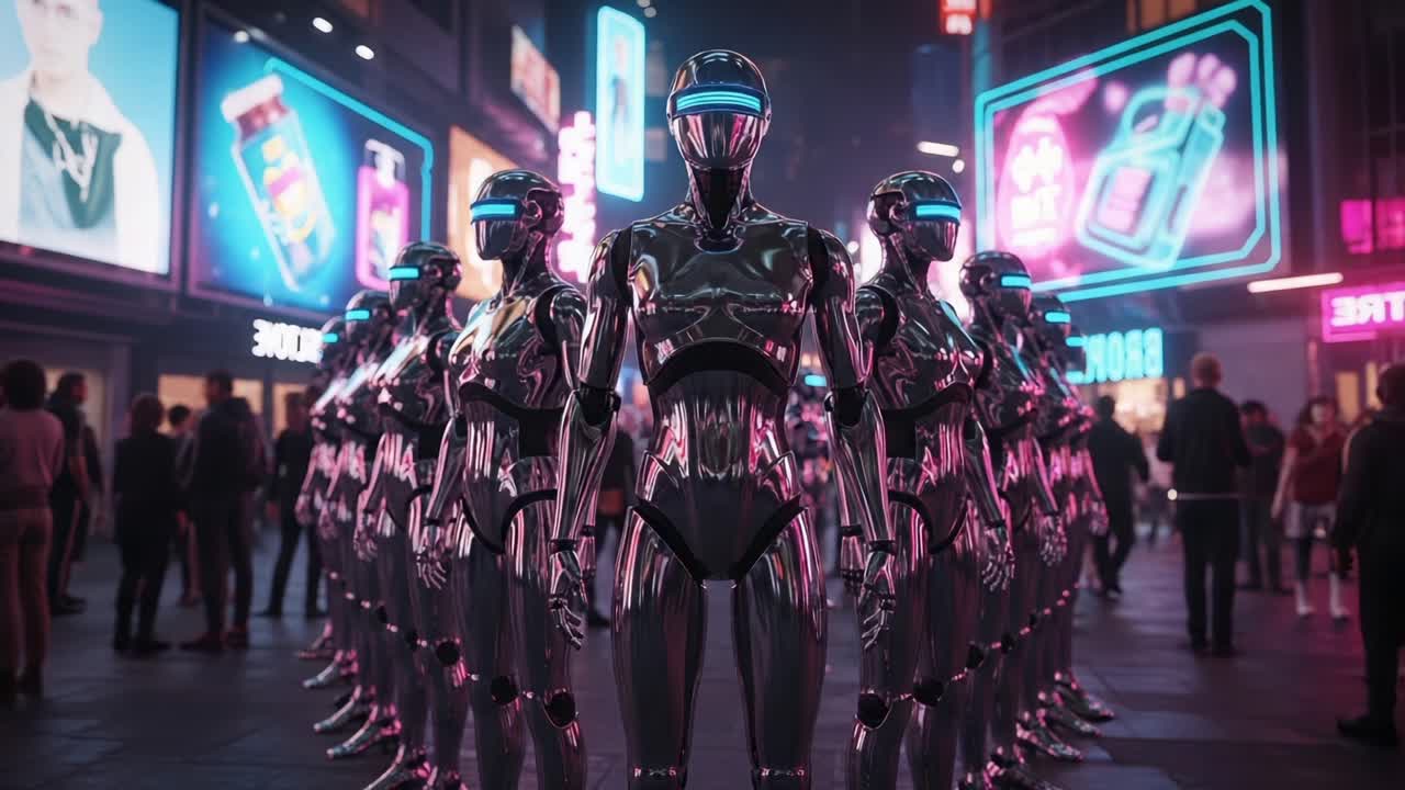 Futuristic Scene Featuring a Line of Sleek, Shiny Robots in a Neon Cityscape Surrounded by Bright Billboards and Pedestrians, Merging Technology with Urban Life