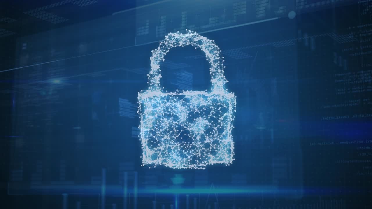 Animation of data and digital cloud with padlock on blue background