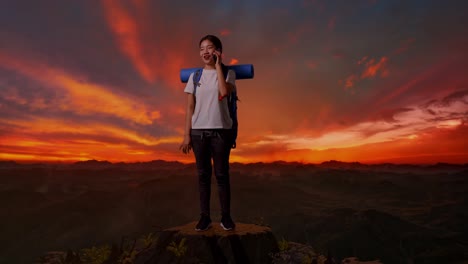 mujer viajera en la cima de la montaña al atardecer
