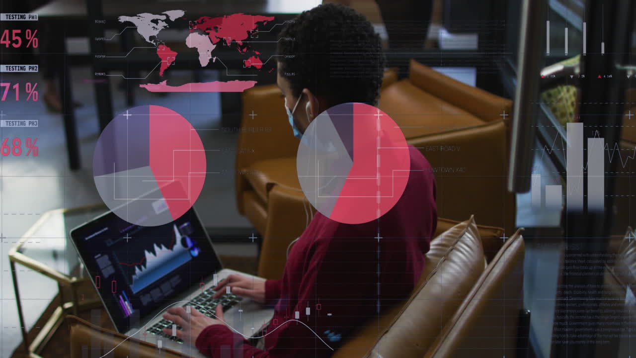 Statistical data processing against woman wearing face mask using laptop at office