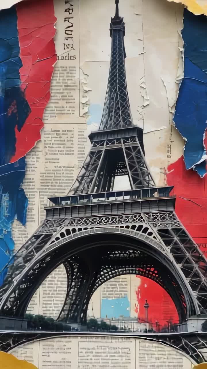 Vertical video: Curling yellow paper revealing Eiffel Tower on wall, showing tricolor fragments