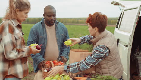 Pareja-Multiétnica-Comprando-Verduras-Frescas-De-Una-Agricultora