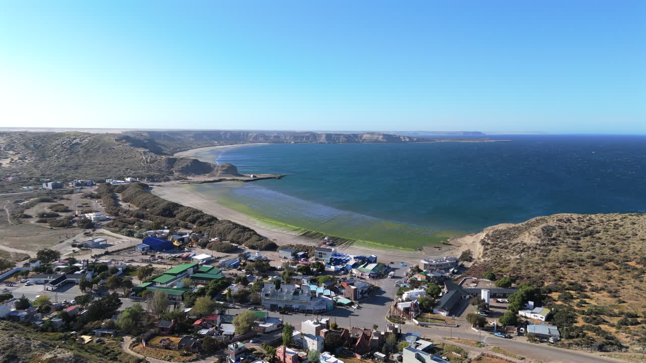 Beautiful aerial view of Puerto Pirámides, Valdés Peninsula, showcasing coastal landscapes