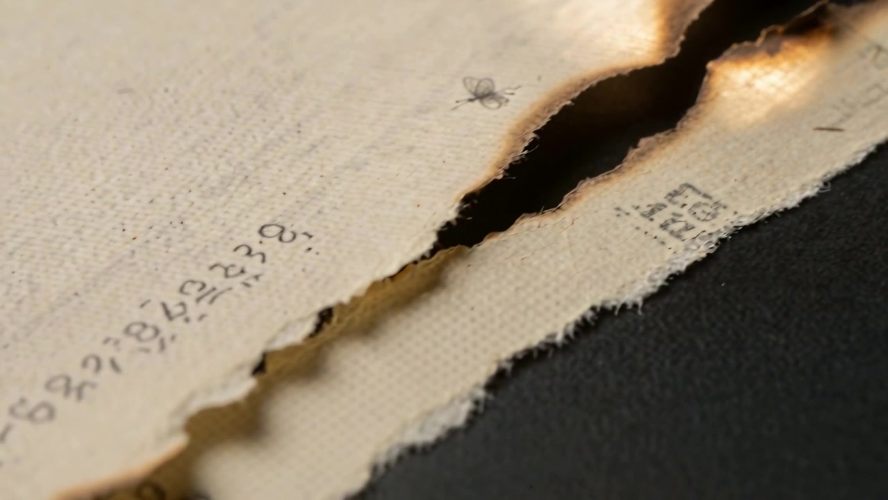 Brace che accende carta color bianco sporco strappata, bruciando lungo uno strappo diagonale su un tappetino scuro che nasconde scarabocchi numerici