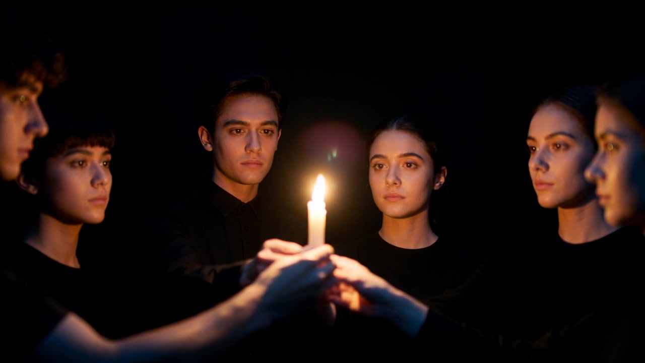 Tangan mendekat ke lilin yang menyala, enam orang menangkupkan api di panggung dengan atasan hitam, melakukan ritual.