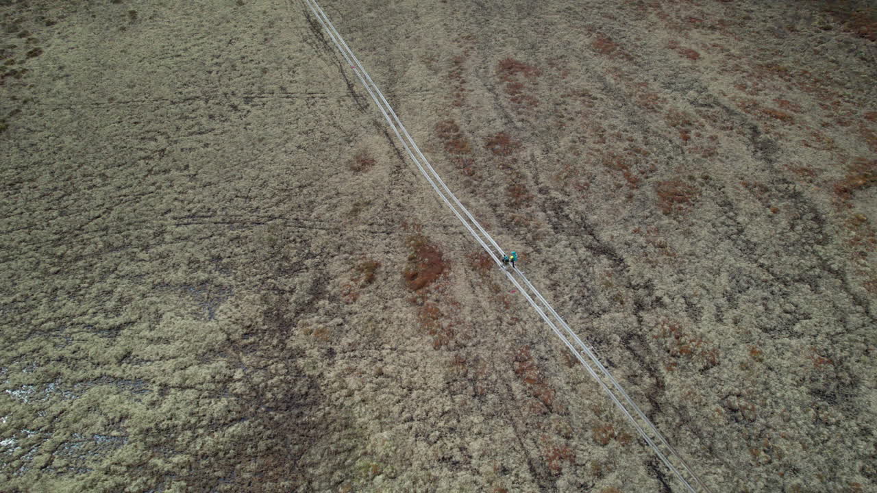 Young Couple Hiking on the Kungsleden in the Abisko National Park, Rising Drone Shot of Hikers in a Serene Mountain Swedish Landscape, Getting Very Small