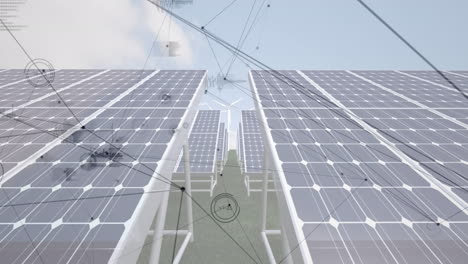 animación de líneas en movimiento y electrocardiogramas sobre paneles solares y turbinas eólicas