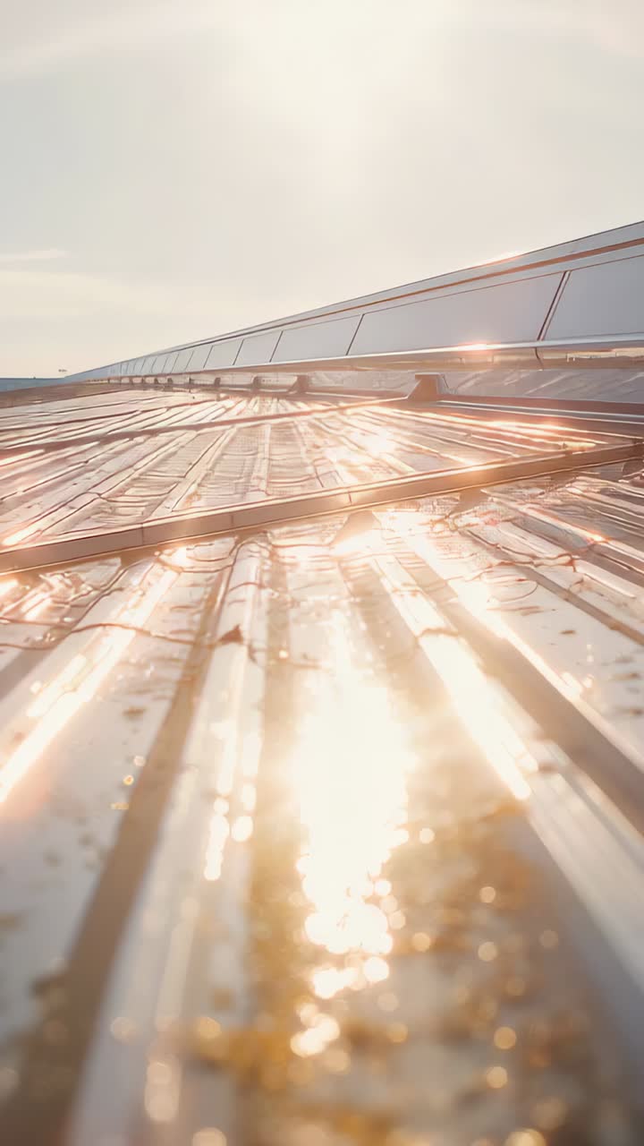 Vertical video: Sliding camera following low corrugated roof showing raised skylights and sun glare