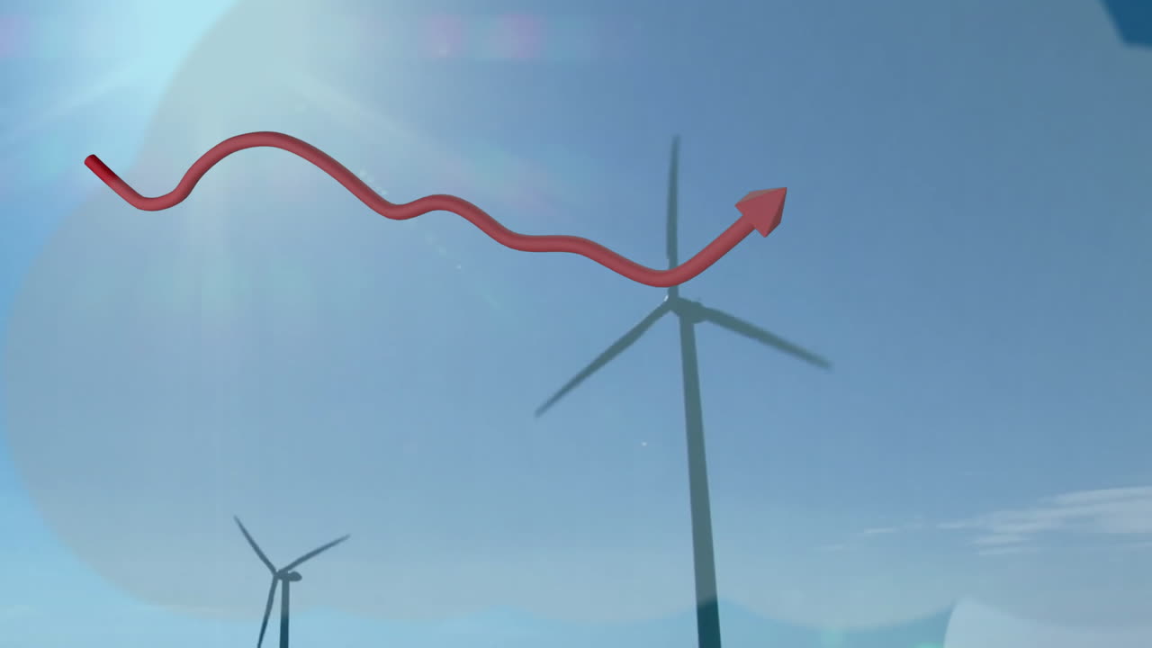 Rising red arrow over wind turbines against clear blue sky, symbolizing growth