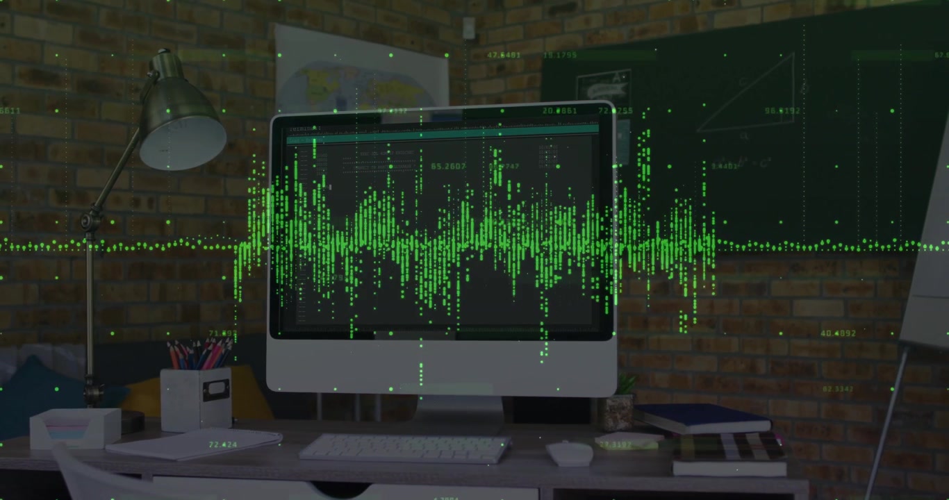 Neon green waveform appearing on monitor upon audio signal spike, scrolling peaks showing data