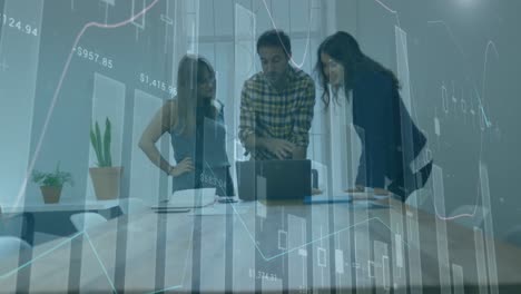 animation of multiple graphs with changing numbers, diverse coworkers discussing reports on laptop