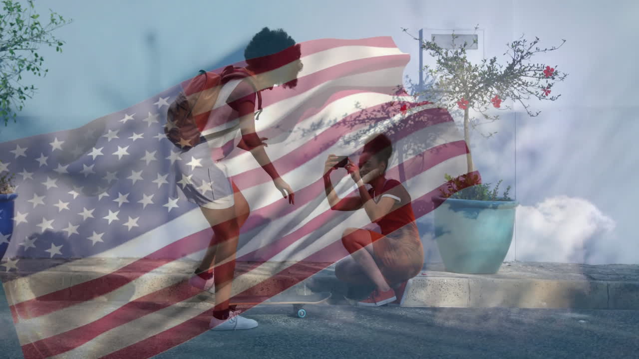 Holding skateboard and phone, two people with American flag animation overlay