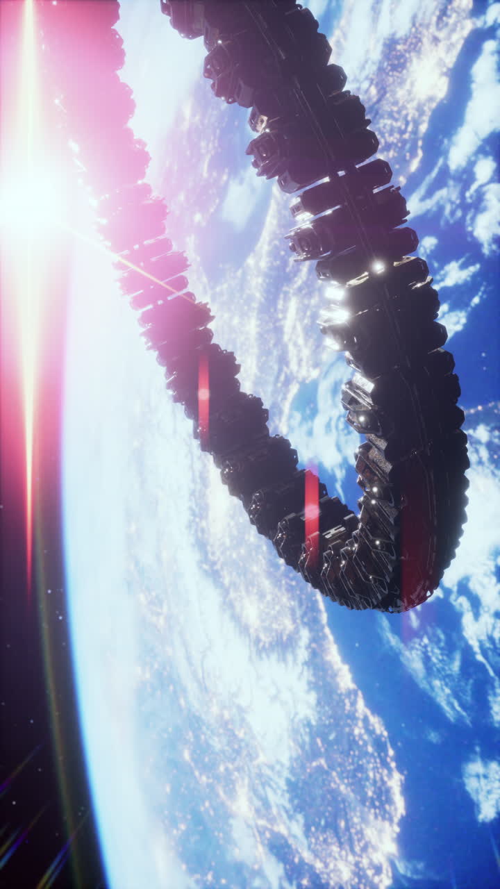 A futuristic spaceship orbits earth showcasing advanced design in outer space