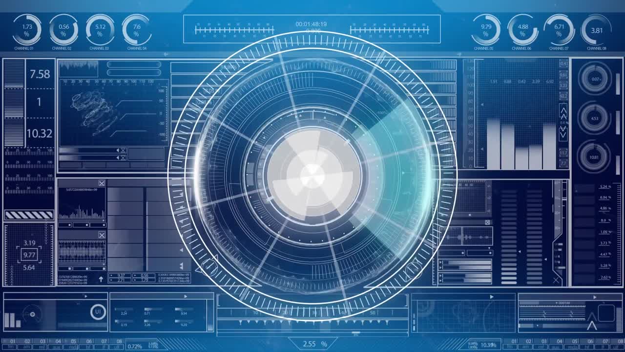 animación de la interfaz digital con un alcance circular que muestra estadísticas e información