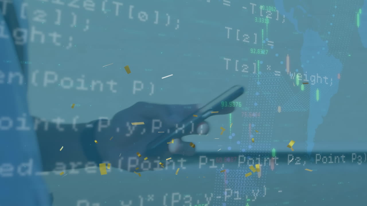 Animation of data processing and confetti over caucasian man using smartphone