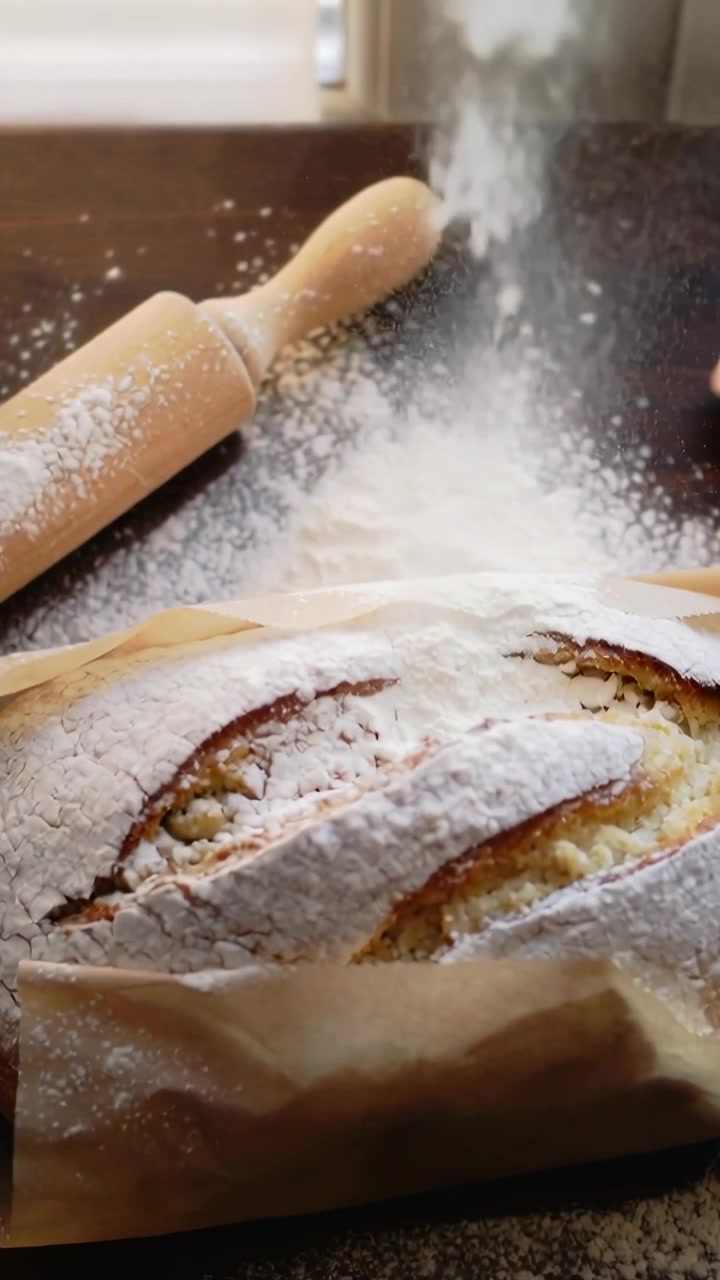 Vertical video: Sifting sifter entering dusting loaf in kitchen to finish crust with rolling pin