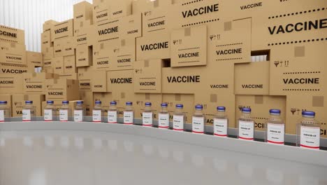 vaccine bottles on the production line. coronavirus vaccine has been certified and ready to injection. many families are waiting to be vaccination from covid-19 and sars, loop 3d render animation.