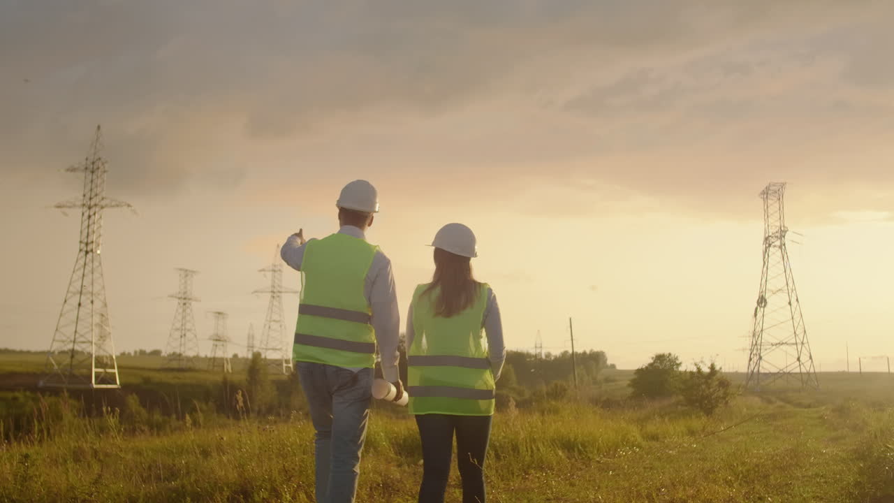 El ingeniero y el controlador, con una tableta PC y planos sobre líneas y torres de transmisión, discuten el plan de expansión y el transporte de energía para pueblos y ciudades.