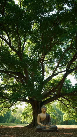 buddha statue under a large tree in a park