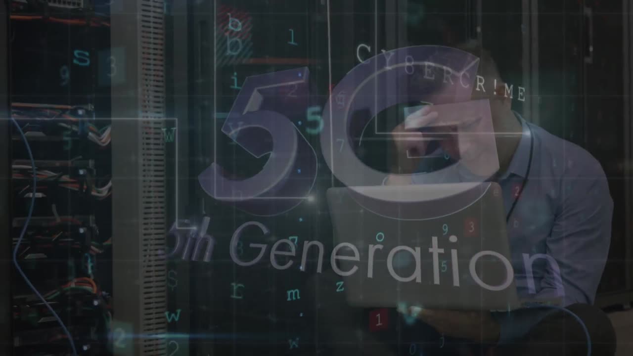 Animation of 5g generation text over caucasian male server room worker