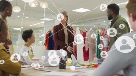 animation of network of connections over diverse business people in office