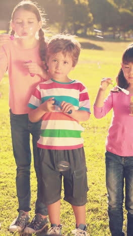 pequeños amigos soplando burbujas en el parque