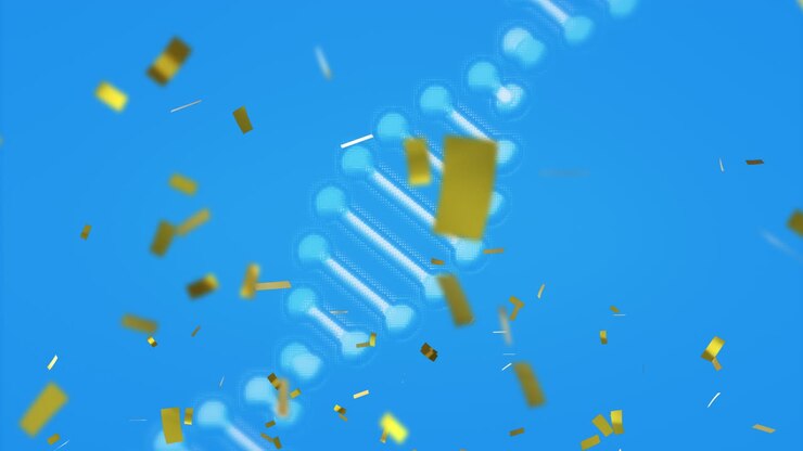 Animation of dna strand spinning and confetti on blue background