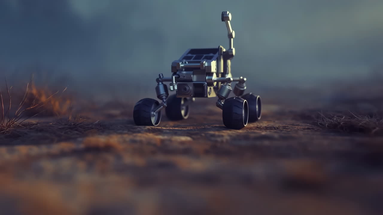 A miniature robotic rover explores a desolate landscape