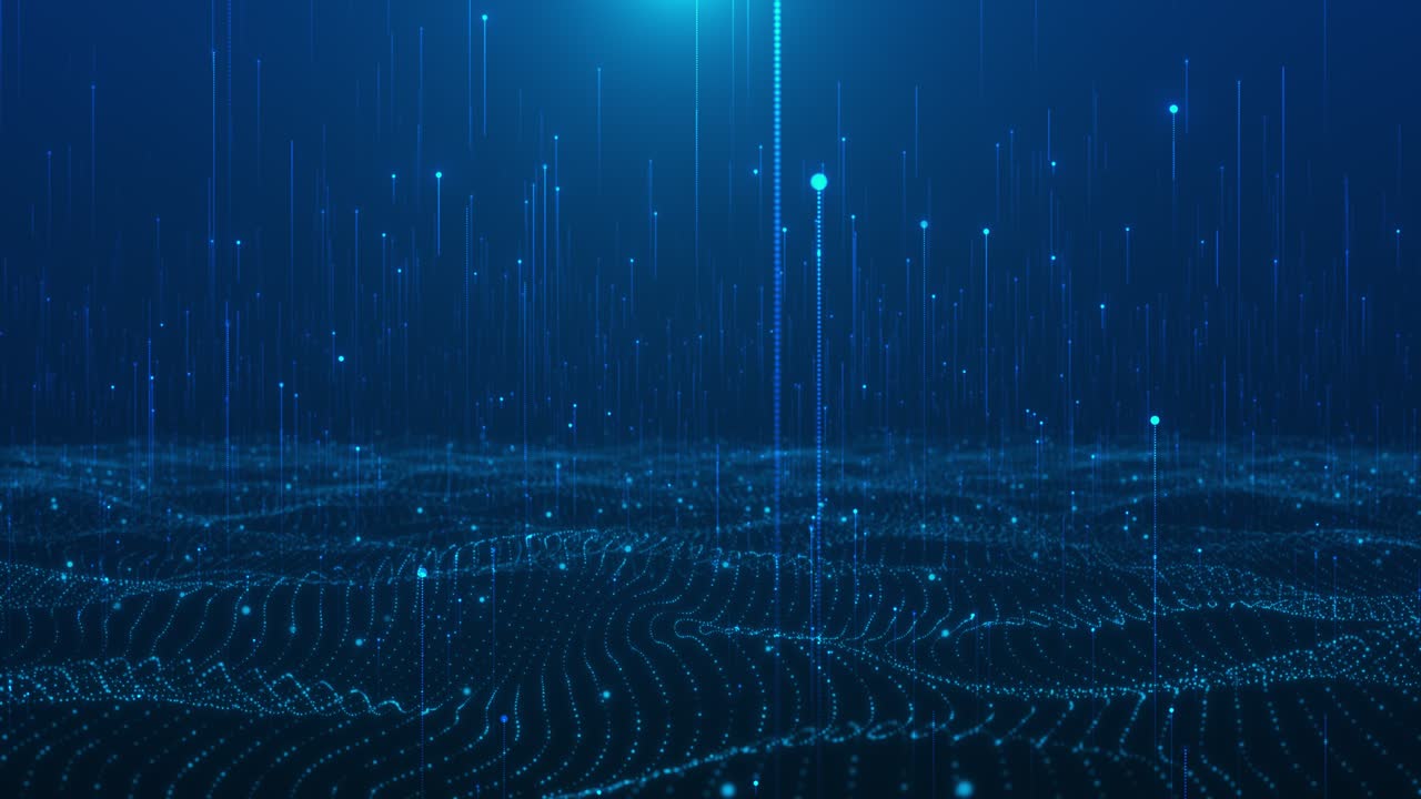 Abstract animation digital waves pulsing grid particles rise upward use of this clip enhances