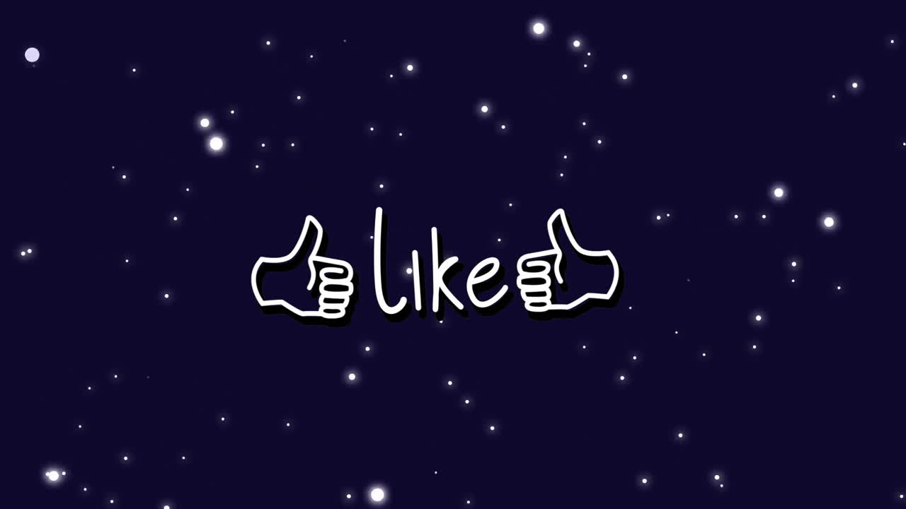 Animation of thumbs up icons with like text over starry night background